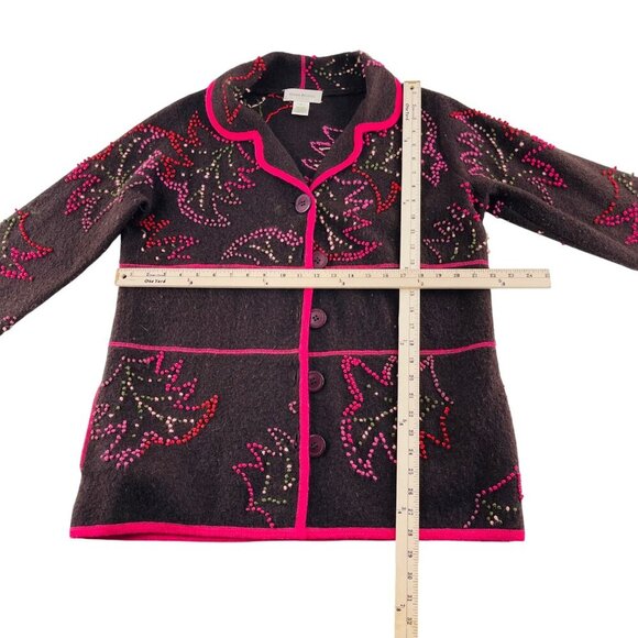 Susan Bristol Womens Large Hand Embroidered Wool Blend Brown Cardigan With Pink - Picture 3 of 6